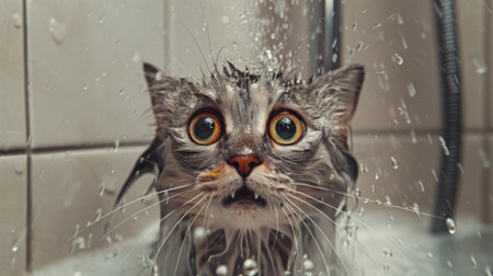 Close-up of a wet cat in a shower with water droplets on its fur and a surprised expression.の素材