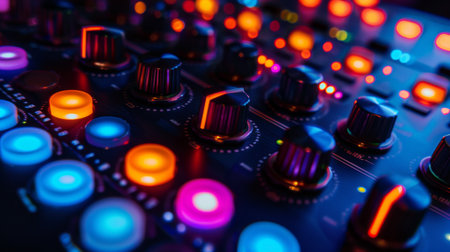 Detailed shot of a speaker's illuminated control panel with vibrant LED lights.の素材