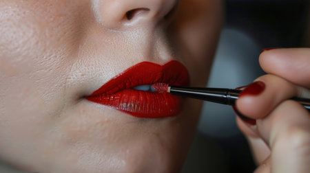 Close-up of a woman's lips being outlined with a lip liner before applying lipstick.の素材