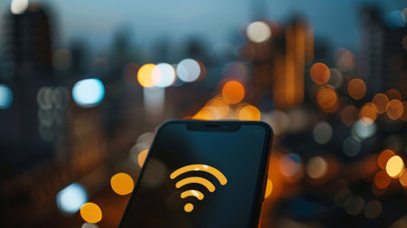Close-up of a smartphone displaying a full Wi-Fi signal bar, with a blurred cityscape in the background.の素材