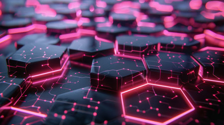 Futuristic 3D hexagonal grid with glowing edges and depthの素材