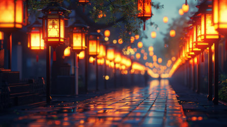 Rows of illuminated lanterns lining a festival street at dusk.の素材