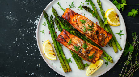 Top view of a beautifully plated grilled salmon with asparagus and lemon wedges.の素材