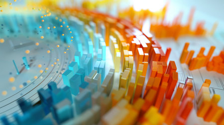 Rotating 3D graph highlighting various aspects of a business strategy, with dynamic elements.の素材