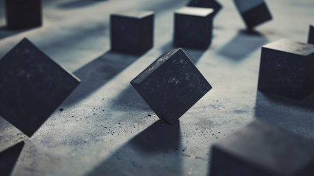 Floating 3D geometric shapes casting shadows on a textured surface.の素材