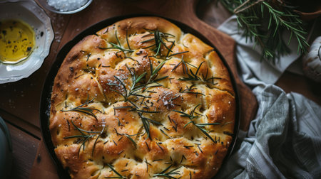 Top view of a focaccia bread topped with rosemary and sea salt.の素材