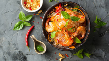Top view of a bowl of Thai glass noodle salad (Yum Woon Sen) with shrimp and vegetables.の素材