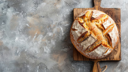 Top view of a rustic loaf of sourdough bread on a wooden cutting board.の素材