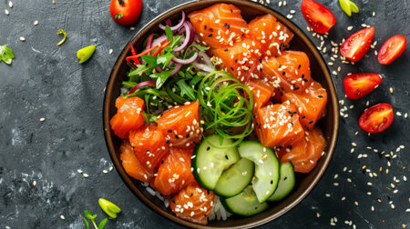 Top view of a delicious salmon poke bowl with fresh vegetables and sesame seeds.の素材
