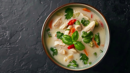Top view of a bowl of Thai coconut soup (Tom Kha Gai) with chicken.の素材