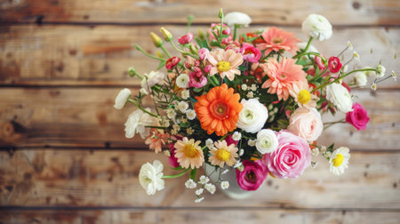 Top view of a mixed flower arrangement in a vase on a wooden table.の素材