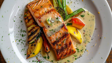 Top view of a salmon fillet with lemon butter sauce and a side of grilled vegetables.の素材
