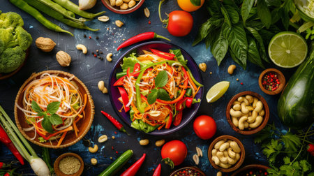 Top view of a colorful papaya salad (Som Tum) with fresh vegetables and peanutsの素材