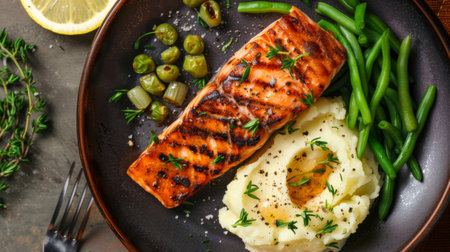 Top view of a grilled salmon steak with a side of mashed potatoes and green beans.の素材