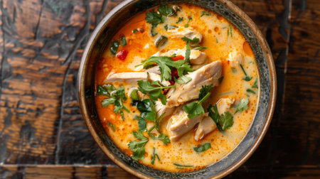 Top view of a bowl of Thai coconut soup (Tom Kha Gai) with chicken.の素材