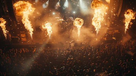 Top view of a metal concert with headbanging fans and pyrotechnic effects.の素材
