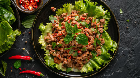 Top view of a serving of Larb (spicy minced meat salad) with fresh lettuce.の素材