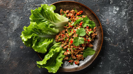 Top view of a serving of Larb (spicy minced meat salad) with fresh lettuce.の素材