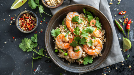 Top view of a Thai-style fried rice with shrimp and fresh herbs.の素材