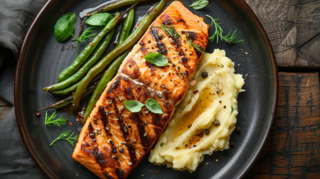 Top view of a grilled salmon steak with a side of mashed potatoes and green beans.の素材