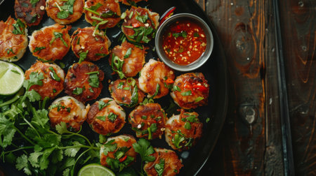 Top view of a platter of Thai-style shrimp cakes with sweet chili sauce.の素材