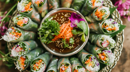 Top view of a platter of spring rolls with dipping sauce.の素材