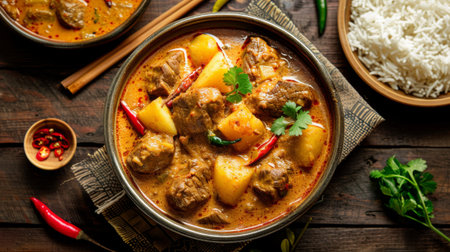 Top view of a serving of Massaman curry with tender beef and potatoes.の素材