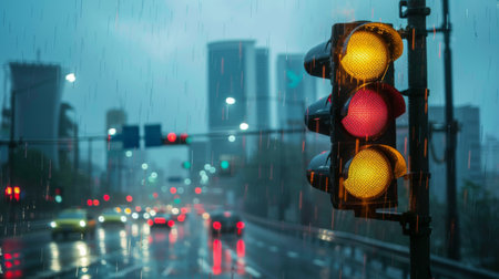 Traffic lights in the rain with a city skyline in the background, creating a moody atmosphere.の素材