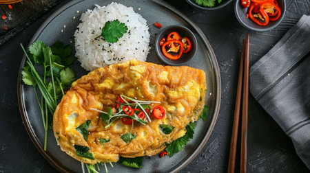 Top view of a serving of Thai omelette (Khai Jiao) with a side of rice.の素材