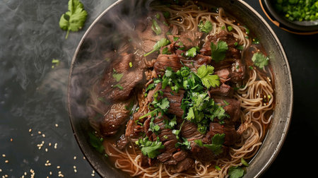 Top view of a steaming bowl of Thai boat noodles with beef and herbs.の素材