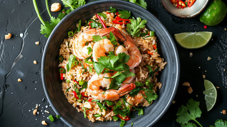 Top view of a Thai-style fried rice with shrimp and fresh herbs.の素材