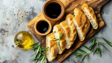 Top view of ciabatta bread with olive oil and balsamic vinegar for dipping.の素材