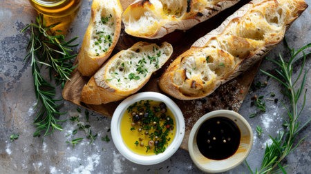 Top view of ciabatta bread with olive oil and balsamic vinegar for dipping.の素材