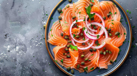 Top view of smoked salmon slices arranged on a plate with capers and red onionsの素材