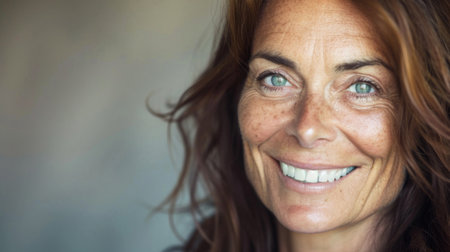Close-up of a 50-year-old woman with radiant skin and a warm smile.の素材