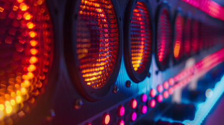 Detailed shot of a speaker's illuminated control panel with vibrant LED lights.の素材