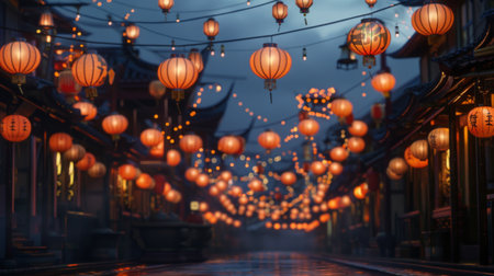 Rows of illuminated lanterns lining a festival street at dusk.の素材