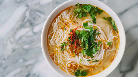Top view of a bowl of rice noodles in a clear, flavorful broth with toppings.の素材