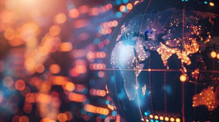 Rotating 3D globe with data points, representing global statistics.の素材