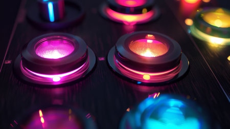 Detailed shot of a speaker's illuminated control panel with vibrant LED lights.の素材