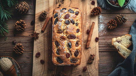 Top view of a sweet cinnamon raisin bread loaf on a wooden board.の素材