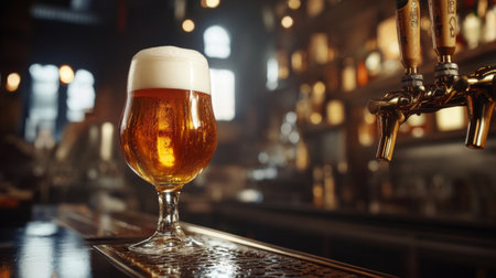 A beautifully crafted glass of beer with a foamy head, surrounded by bar decor.の素材