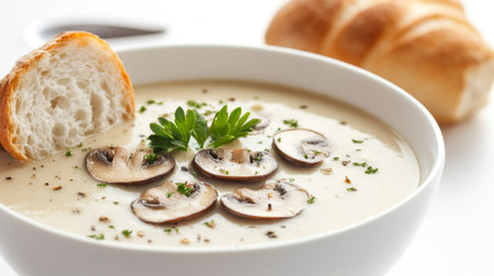 A bowl of creamy soup with truffle mushroom slices on top, served with a bread roll, isolated on white.の素材