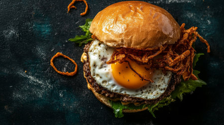 A beautifully presented truffle burger with a fried egg and crispy onions, photographed from above.の素材