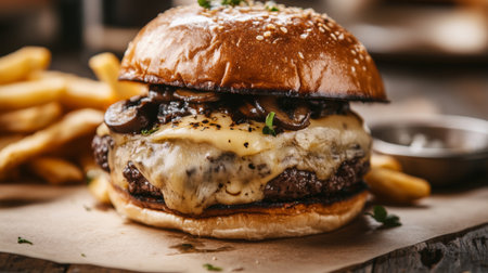 A decadent burger with melted cheese and truffle mushrooms, showcasing delicious layers.の素材