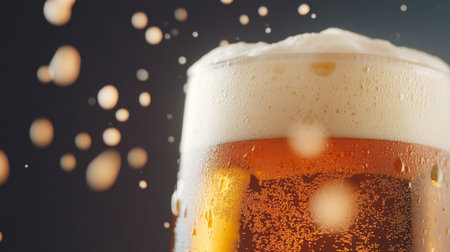 A beautifully poured glass of beer with foam spilling over the top, captured up close. --ar 16:9の素材