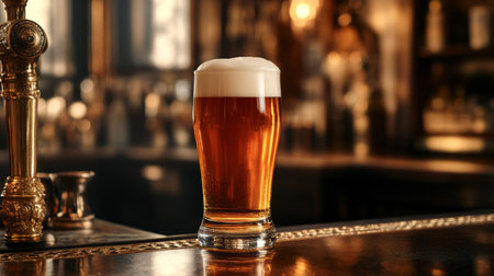 A beautifully crafted glass of beer with a foamy head, surrounded by bar decor.の素材
