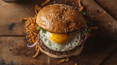 A beautifully presented truffle burger with a fried egg and crispy onions, photographed from above.の素材