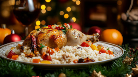 A festive table setting featuring a main dish of rice with roasted chicken and vegetables.の素材