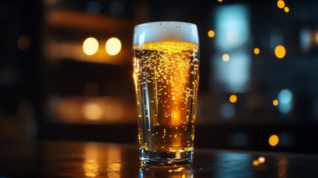 A beautifully illuminated glass of light beer with bubbles rising.の素材